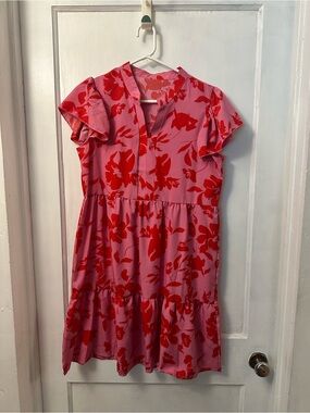 A Classy Chic Boutique Pink Dress with Red Floral Print
